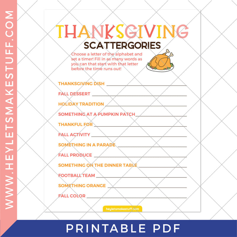 Printable Thanksgiving Scattegories