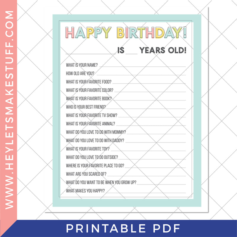 Printable Kid's Birthday Questionnaire