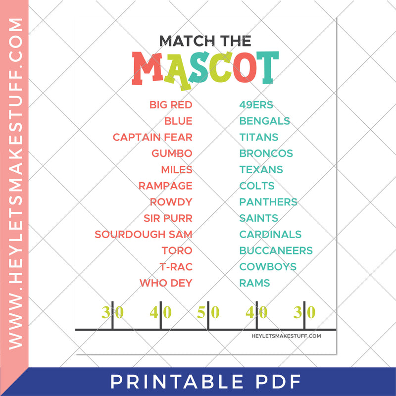 Printable "Big Game Day" Match the Mascot Game