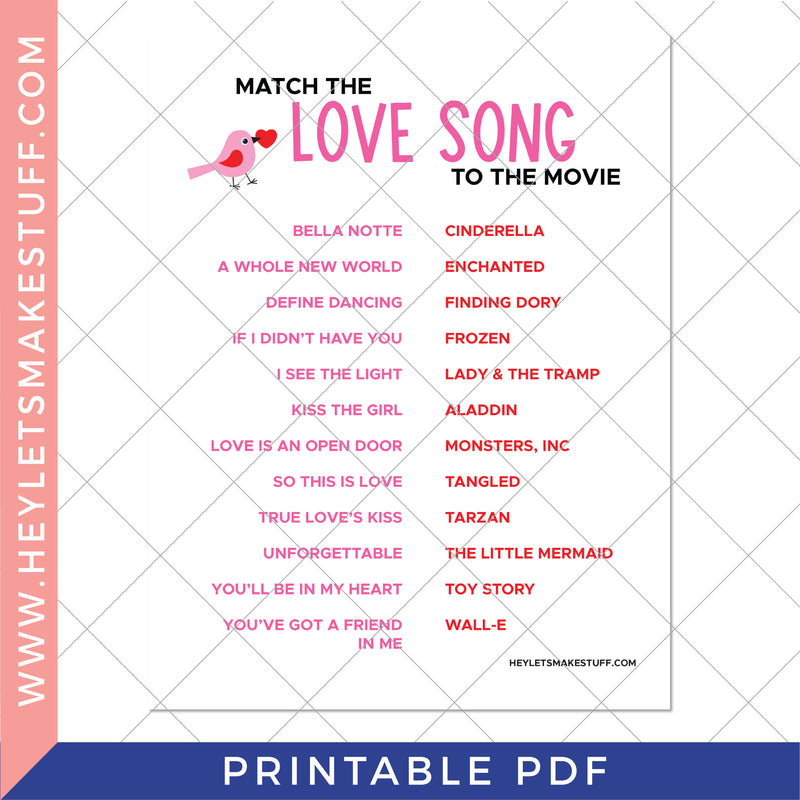 Printable Valentine's Day Match the Love Song Game